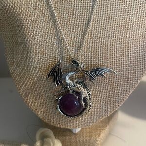 Silver Dragon Pendant Necklace with Purple Stone